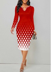Plus Size Geometric Print Split Red Bodycon Dress