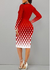 Plus Size Geometric Print Split Red Bodycon Dress