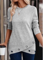 Cross Hem Light Grey Long Sleeve Round Neck Sweatshirt