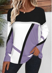 Geometric Print Patchwork Light Purple Long Sleeve T Shirt