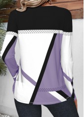 Geometric Print Patchwork Light Purple Long Sleeve T Shirt