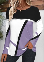 Geometric Print Patchwork Light Purple Long Sleeve T Shirt