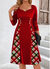 Plaid Patchwork Red Long Sleeve Heart Collar Dress