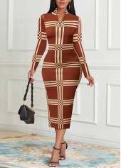 Striped Split Light Coffee Long Sleeve Bodycon Dress