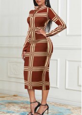 Striped Split Light Coffee Long Sleeve Bodycon Dress