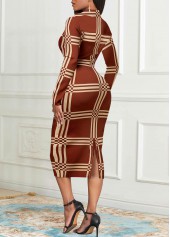 Striped Split Light Coffee Long Sleeve Bodycon Dress