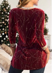 Sequin Wine Red Long Sleeve Heart Collar T Shirt