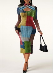 Geometric Print Criss Cross Rainbow Color Halter Bodycon Dress