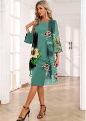 Floral Print Fake 2in1 Green High Low Dress