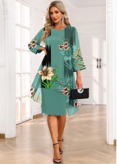 Floral Print Fake 2in1 Green High Low Dress