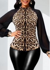 Leopard Patchwork Dark Camel Long Sleeve Stand Collar Blouse
