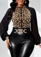 Leopard Patchwork Dark Camel Long Sleeve Stand Collar Blouse