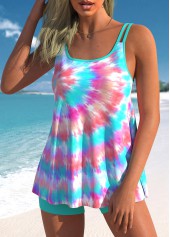 Mid Waisted Tie Dye Print Contrast Binding Tankini Set