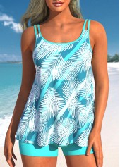 Cyan Mid Waisted Tropical Plants Print Tankini Set