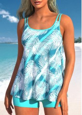 Cyan Mid Waisted Tropical Plants Print Tankini Set