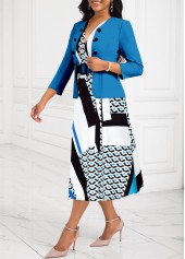 Geometric Print Two Piece Blue V Neck Dress