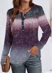 Ombre Button Purple Long Sleeve Round Neck T Shirt