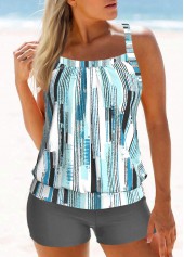 Mid Waisted Geometric Print Patchwork Grey Tankini Set
