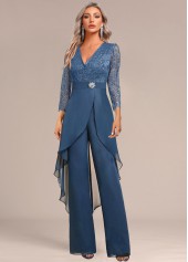 Peacock Blue Long Lace V Neck Jumpsuit