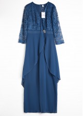 Peacock Blue Long Lace V Neck Jumpsuit