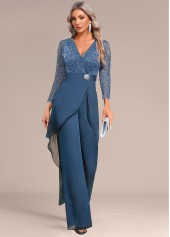 Peacock Blue Long Lace V Neck Jumpsuit
