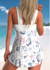 Mid Waisted Marine Life Print Surplice White Tankini Set