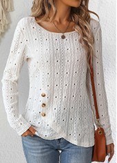Cross Hem White Long Sleeve Round Neck T Shirt