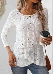 Cross Hem White Long Sleeve Round Neck T Shirt