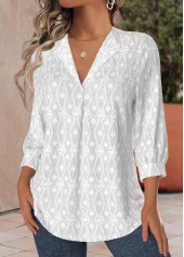 Split White 3/4 Sleeve V Neck Blouse