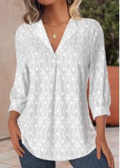 Split White 3/4 Sleeve V Neck Blouse