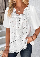 Embroidery White Half Sleeve V Neck Blouse