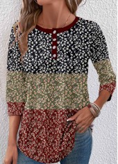 Ditsy Floral Print Button Multi Color T Shirt