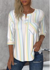 Striped Button Multi Color 3/4 Sleeve Round Neck Blouse