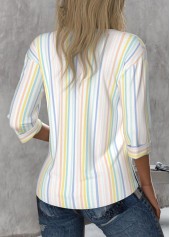 Striped Button Multi Color 3/4 Sleeve Round Neck Blouse