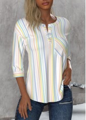 Striped Button Multi Color 3/4 Sleeve Round Neck Blouse