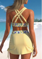 Floral Print Ruched Light Yellow Bikini Set