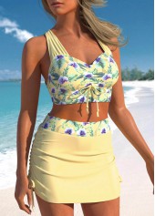 Floral Print Ruched Light Yellow Bikini Set