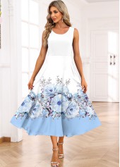 Floral Print Two Piece Light Blue Dress and Cardigan