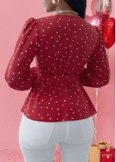 Heart Print Patchwork Red Long Sleeve V Neck Blouse
