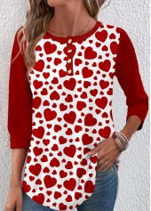 Heart Print Button Wine Red T Shirt