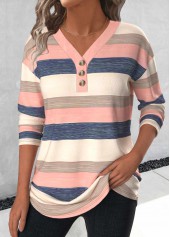 Striped Button Light Pink Long Sleeve T Shirt