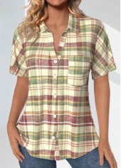 Plaid Pocket Multi Color Short Sleeve Shirt Collar Blouse