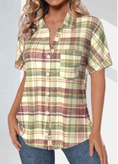 Plaid Pocket Multi Color Short Sleeve Shirt Collar Blouse