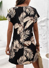 Tropical Plants Print Tummy Coverage Black Short Dress