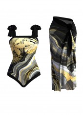 Marble Print Bowknot One Piece Swimwear and Cover Up