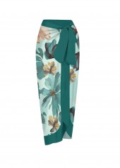 Floral Detail Turquoise One Piece Swimwear and Skirt