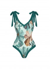 Floral Detail Turquoise One Piece Swimwear and Skirt