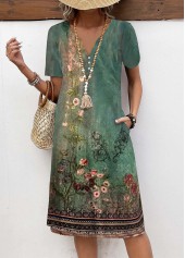 Floral Print Tummy Coverage Green Short Sleeve Dress