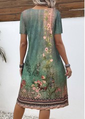 Floral Print Tummy Coverage Green Short Sleeve Dress