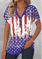 American Flag Button Blue Short Sleeve Split Neck Blouse